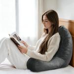 OAISZ Reading Pillow for Sitting in Bed Adult, 19" Reading Pillow with Shredded Memory Foam, Back Pillow for Sitting Up with Extend Arms, Pockets, Bed Pillow with Washable Cover, Grey