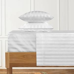 URBANHUT 1000 Thread Count 100% Cotton Damask Queen Size Sheets, Long Staple 4 Piece Striped Bedsheet, Luxury Hotel Sateen Weave - Soft & Breathable, Better Than Egyptian, 16" Deep Pocket - White