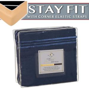 Clara Clark 1800 Series Bed Sheet Sets - Stay fit on Mattress with Elastic Straps at Corners - Queen, Navy Blue
