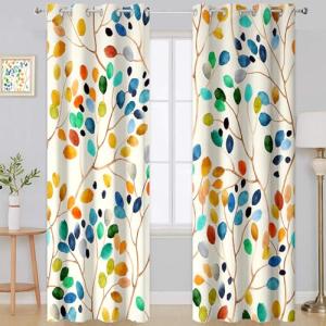 Emwnodti Boho Watercolor Leaf Floral Blackout Curtains, Colorful Bohemian Print Window Drapes, Grommet 2 Panels Set for Bedroom Living Room Home Decor, 52x84 Inch