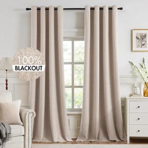 MIULEE 100% Blackout Linen Textured Curtains for Bedroom 102 Inches Extra Long Thermal Insulated Natural Beige Grommet Room Darkening Curtains & Drapes Luxury for Living Room Nursery (2 Panels)