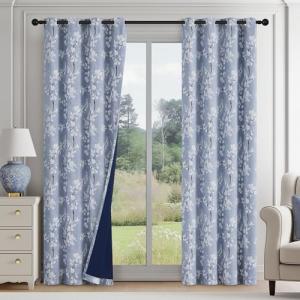 FMFUNCTEX 100% Blackout Floral Curtains for Bedroom, Blue Curtains 84 inches Long Blossom Flower Patterned for Living Room,Thermal Insulated Farmhouse Drapes, Grommet Top 2 Panels (White on Blue)