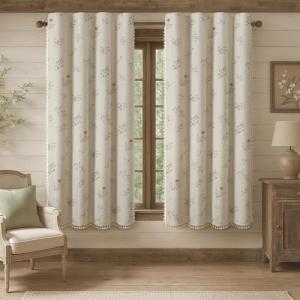 XOGUIBO Boho Floral 100% Blackout Curtains 63 Inch Length 2 Panels Set, Linen Texture Farmhouse Curtains Beige Tassel for Living Room Bedroom Vintage Rustic Patterned Printed Western Rod Pocket