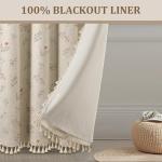 XOGUIBO Boho Floral 100% Blackout Curtains 63 Inch Length 2 Panels Set, Linen Texture Farmhouse Curtains Beige Tassel for Living Room Bedroom Vintage Rustic Patterned Printed Western Rod Pocket