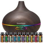 InnoGear Aromatherapy Diffuser & 10 Essential Oils Set, 400ml Diffuser Ultrasonic Diffuser Cool Mist Humidifier with 4 Timers 7 Colors Light Waterless Auto Off for Valentine's Gift, Dark Wood Grain