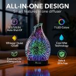 JOYOLO 120ML Essential Oil Diffuser, 3D Glass Aromatherapy Diffuser with Auto Shut-Off and 7 Color LED Lights, Ultrasonic Mist Humidifier with 4 Timer for Home Office Bedroom (3D Fireworks)