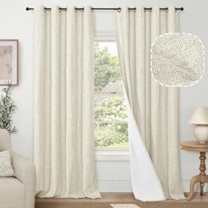 Lajode 100% Blackout Curtains for Living Room 90 Inches Long 2 Panels, Faux Linen Textured Linen Floor Length Thermal Insulated Bronze Grommet Boho Window Energy Save Drapes, Each 52" Wide, Natural