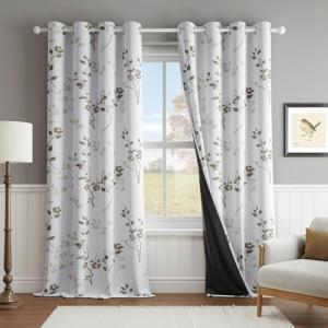 Beauoop Floral 100% Blackout Curtains 84 Inches Long 2 Panels for Bedroom Living Room Tan Brown and White Flower Patterned Room Darkening Thermal Soundproof Grommet Window Treatments Drapes, 52X84