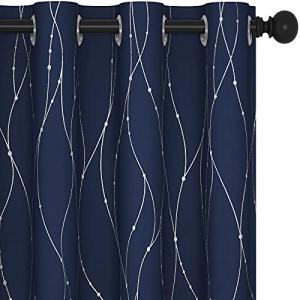 Deconovo Blackout Curtains for Living Room, Thermal Insulated Soundproof Drapes, Wave Dots Silver Print, 52 x 84 Inches Long, 2 Panels, Machine‑Washable Window Panel for Bedroom Patio Door, Navy Blue
