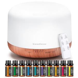InnoGear Aromatherapy Diffuser & 10 Essential Oils Set, 500ml Essential Oil Diffuser with Remote Control Ultrasonic Cool Mist Scent Humidifier Vaporizer Auto-Off Timer for Room Office Home, Yellow