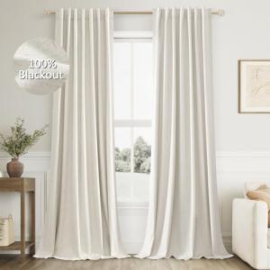 Guken Cream Linen Blackout Curtains 96 Inch Length 2 Panels Set for Living Room Bedroom Back Tab Thermal Insulated 100% Black Out Linen Drapes Room Darkening Window Curtains Ivory Natural