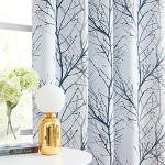 FMFUNCTEX 100% Blackout Curtains for Bedroom, Blue White Tree Curtains 84 Inches Long for Living Room, Grey Farmhouse Room Darkening Window Curtains for Summer Winter 2 Panels Grommet Top