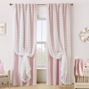 Lino Rosa Pink Blackout Curtains for Bedroom Nursery 2 Panels,Sheer White Overlay Pom Pom Floral Ruffle Cute Coquette Aesthetic Room Decor for Baby Girl Teen