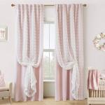 Lino Rosa Pink Blackout Curtains for Bedroom Nursery 2 Panels,Sheer White Overlay Pom Pom Floral Ruffle Cute Coquette Aesthetic Room Decor for Baby Girl Teen