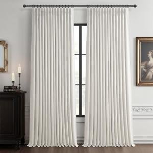 100% Blackout Linen 96 Inch Curtains 2 Panel Set for Bedroom, Modern Pinch Pleated Natural Linen Off Beige White Insulated Heavy Curtain 40 x 96 Inches Length Sliding Glass Door Room Darkening Drapes