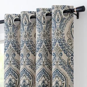 Vangao Vintage Damask Blue Curtains 84 Inch Long Blackout Curtains Linen Textured Floral Paisley Medallion Print for Bedroom Living Room Darkening Drapes Window Treatment 2 Panels Navy on Beige