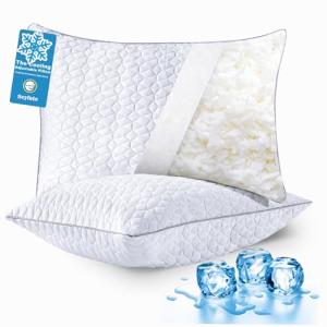 Cooling Pillows Queen Size Set of 2, Shredded Memory Foam Pillows, Adjustable Firm Bed Pillows Cool Cold Pillow for Hot Side Back Stomach Sleepers with Removable Washable Cover, 20" x 30", White