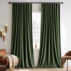 MIULEE Olive Green Velvet Curtains 96 inches 2 Panels - Pinch Pleated Luxury Room Darkening Blackout Window Drapes for Bedroom Living Room Thermal Insulated Super Soft, Back Tab Rod Pocket