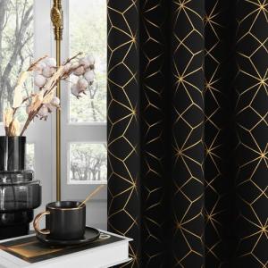 Beauoop 100% Blackout Curtains 84 Inches Long for Bedroom Living Room Moroccan Gold Patterned Drapes Thermal Insulated Grommet Top Window Treatment Panels Set of 2, Black/Gold