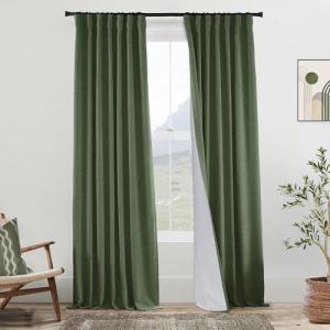 108 Inch Linen Blackout Curtains, Olive Green 9FT Long Pleated Drapes for Living Room Bedroom Floor to Ceiling or Track System, 2 Panels Set