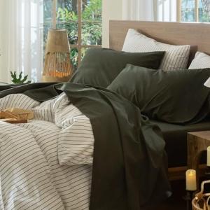 MooMee Bedding Sheet Set 100% Washed Cotton Linen Like Textured Breathable Durable Soft Comfy (Solid Olive Green, Queen)