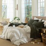 MooMee Bedding Sheet Set 100% Washed Cotton Linen Like Textured Breathable Durable Soft Comfy (Solid Olive Green, Queen)