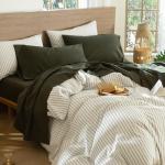 MooMee Bedding Sheet Set 100% Washed Cotton Linen Like Textured Breathable Durable Soft Comfy (Solid Olive Green, Queen)