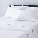 Amazon Basics 4 Piece Bed Sheet Set, 100% Cotton Jersey, Includes Super Soft, Flat and Fitted Sheets, Pillowcase, King, White, Solid
