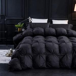 Three Geese Pinch Pleat Waterfowl Feathers and Down Comforter Queen Size Duvet Insert, 1200TC 100% Cotton Fabric, Premium All Seasons BlackGrey Warm Hotel Comforter with 8 Tabs.