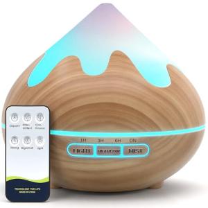 GLOXA 500ML Essential Oil Diffuser, Aromatherapy Diffuser with Remote Control, Multifunctional Air Diffusers for Home Office Room, Fragrance Aroma Diffuser with 7 Color LED & 2 Mist Mode, Brown