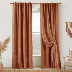 Boho Blackout Curtains for Bedroom 84 Inch Length 2 Panels Set,Vintage Farmhouse Terracotta Rust Pom Pom Textured Patterned Double Layer Sheer Overlay Bohemian Western Curtain Drapes for Living Room