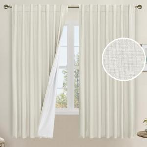 LAMIT Natural 100% Blackout Linen Curtains, 63 Inches Linen Textured Thermal Bedroom Curtains Back Tab and Rod Pocket Neutral Panels with White Liner for Farmhouse, 2 Panels, 60 x 63 Inch, Ivory