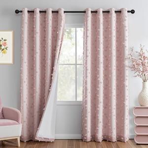 MYSKY HOME Pink Blackout Curtains for Girls Bedroom 84 Inches Long Total Light Blocking Blush Nursery Curtain 2 Panels Room Darkening Grommet Window Drapes with Pom Pom Sheer for Living Room 52W x 84L