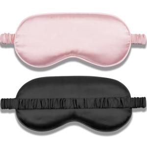 Amrules Silk Sleep Mask Set of 2, Adjustable Silk Eye Mask for Sleeping, Soft Sleeping Eye Shade Cover for Women, Good for Blocking Light, Reducing Puffiness, Enhancing Sleep Quality (Pink & Black)