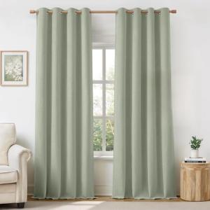 HOMEIDEAS 100% Sage Green Linen Blackout Curtains for Bedroom, 52 x 96 Inch Length 2 Panels Faux Linen Thermal Insulated Black Out Grommet Window Drapes for Living Room