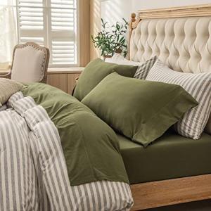 PURE ERA Jersey Knit 4pc Bed Sheet Set 100% T-Shirt Heather Cotton Super Soft Comfy Breathable Fits Mattress Up to 20" Extra Deep Pocket(Olive Green, Queen)
