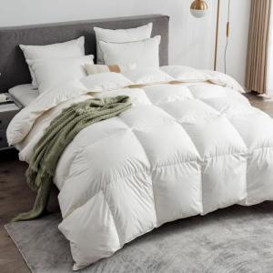 Ltinhome Feathers & Down Comforter, Organic Duvet Insert, 100% Cotton Shell, Ethically-sourced Feathers and Down Filler, All Season Warm, King Size, White