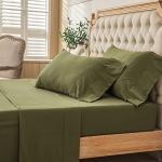 PURE ERA Jersey Knit 4pc Bed Sheet Set 100% T-Shirt Heather Cotton Super Soft Comfy Breathable Fits Mattress Up to 20" Extra Deep Pocket(Olive Green, Queen)