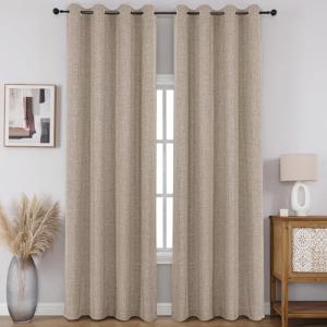 CUCRAF 100% Blackout Window Curtains 84 inches Long 2 Panels Set, Faux Linen Look Thermal Insulated Grommet Drapes, Room Darkening Curtain for Bedroom Living Room(W52 x L84 Inch, Light Khaki)