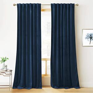 RYB Home Blue Velvet Curtains 90 inches - Blackout Curtains for Living Room, Thermal Insulated Noise Reducing Panels Soft Luxury Window Decor for Kids Bedroom, Navy Blue, W52 x L90 inches, 2 Panels