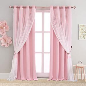 SOFJAGETQ Pink Blackout Curtains with Sheer Overlay, 2 Panels, Thermal Insulated & Soundproof, Lace Trim for Bedroom, Nursery, Living Room - Modern Pink Drapes, Room Darkening Curtains, 52x84 Inches