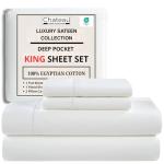 100% Egyptian Cotton Sheets King Size Sheets Set with Fully Elasticated 15" Deep Fitted Sheet & Pillowcase Sets, Sateen Weave Hotel Collection King Sheet Set, Soft Luxury White Bedding