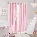 SOFJAGETQ Pink Blackout Curtains with Sheer Overlay, 2 Panels, Thermal Insulated & Soundproof, Lace Trim for Bedroom, Nursery, Living Room - Modern Pink Drapes, Room Darkening Curtains, 52x84 Inches