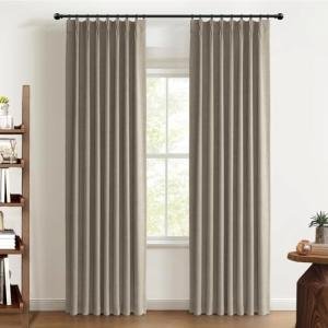 100% Blackout Shield Linen Pinch Pleated Curtains, Blackout Curtains 96 Inch Long 2 Panel Set, Pleated Drapes with Hooks for Bedroom & Living Room, 40" W x 96" L, Dark Faux Linen