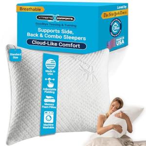 Xtreme Comforts Standard Bed Pillow for Sleeping | Adjustable Shredded Memory Foam Pillows with Removable Cooling Cover | Fluffy Pillows Support for Side, Back & Stomach Sleepers