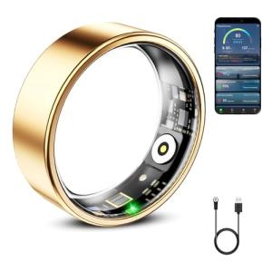 Mirlray Smart Ring for Women & Men, Smart Ring Health Tracker, Blood Oxygen & Heart Rate Monitor, Long Lasting Battery Sleep Ring, Waterproof Fitness Ring (Gold, 9)
