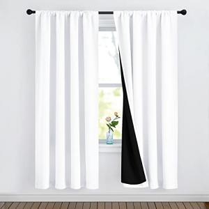 NICETOWN 100% Blackout Window Curtain Panels, Rod Pocket Full Light Blocking Drapes with Black Liner for Nursery, 72 inches Drop Thermal Insulated Draperies (White, 2 Pieces, 52 inches Wide Per Panel)