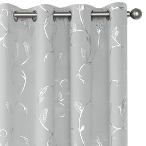 BUHUA Blackout Curtains 84 Inches Long, Vine Foil Print Pattern Room Darkening Curtain, Living Room Curtains & Drapes, Thermal Insulated Window Panel Set, 52 x 84 Inch, Silver Grey