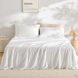 GOKOTTA King Size Bed Sheets 4 Piece Set, 100% Rayon Derived from Bamboo, Cooling for Hot Sleepers-Luxury Breathable Soft Sheets, Deep Pocket 16" Fitted Sheet with Elastic Corner Straps, Cream White