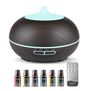 550ml Large Capacity Essential Oil Diffuser with 6 Essential Oil Set, Aromatherapy Ultrasonic Air Humidifier with Timer Setting, 7 Color LED Night Light and Waterless Auto-Off Functions for Home, Spa